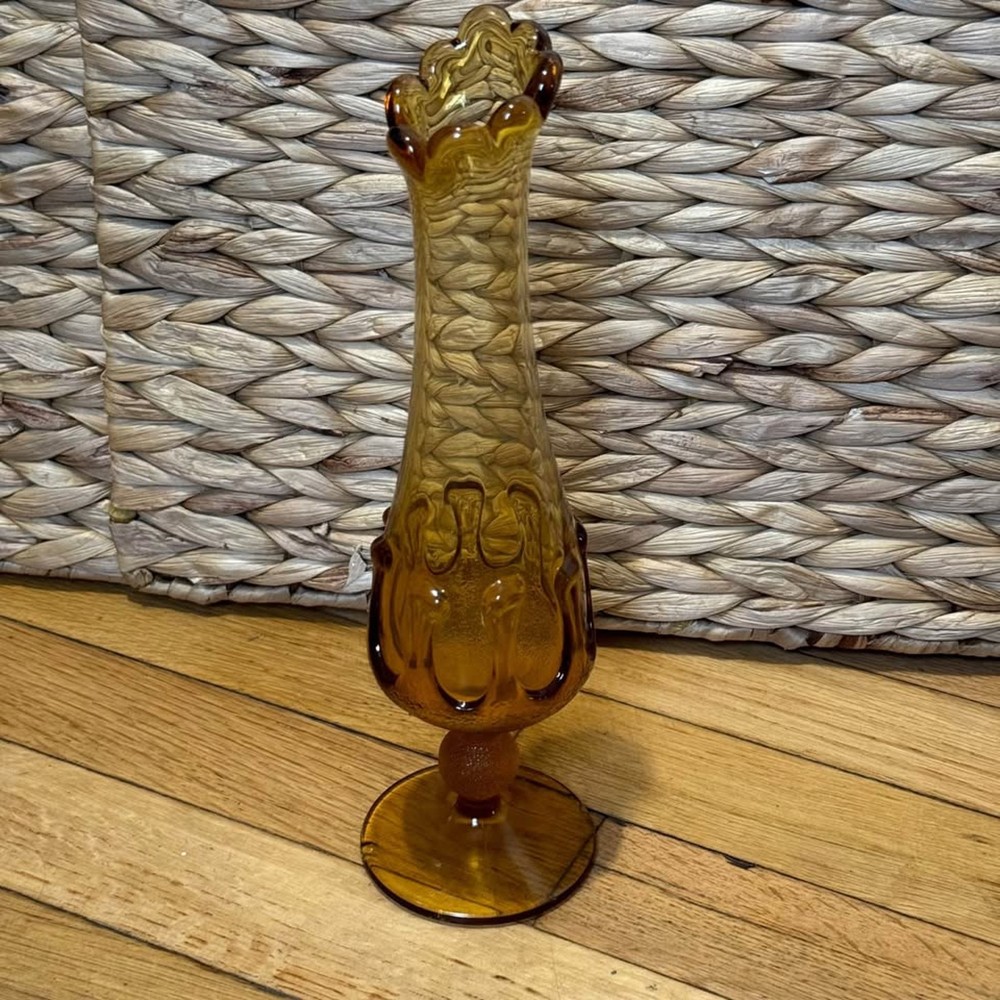 Mod Vintage Amber Glass Swung Vase Retro Flame Design