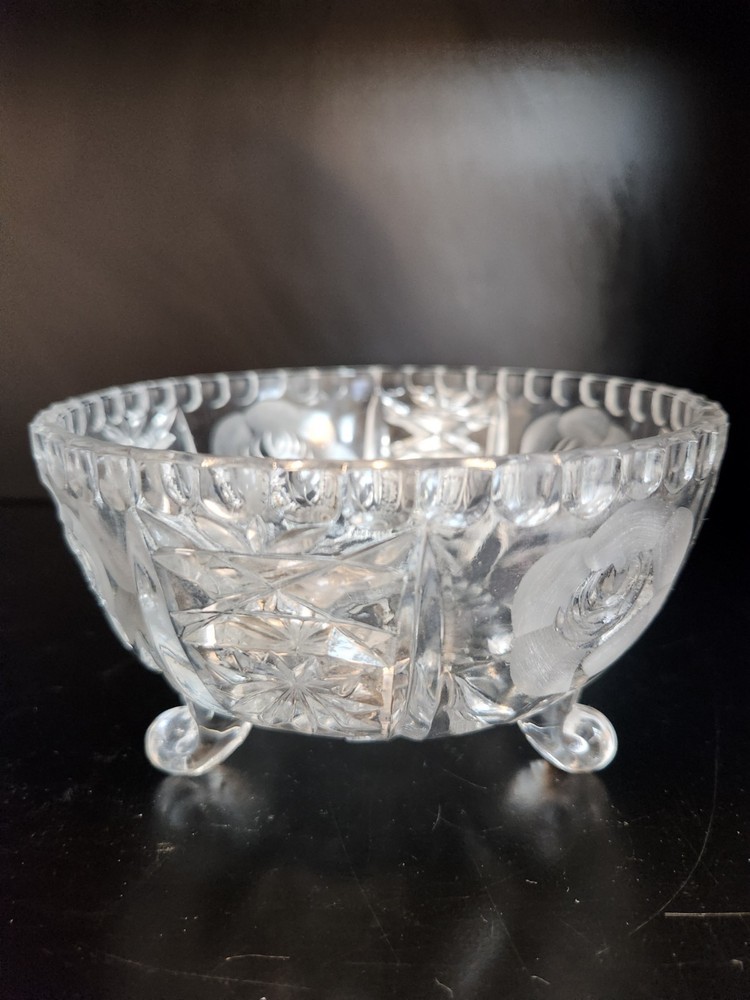 Cut Crystal Candy Dish, Tri-footed, Etched Frpsted Roses