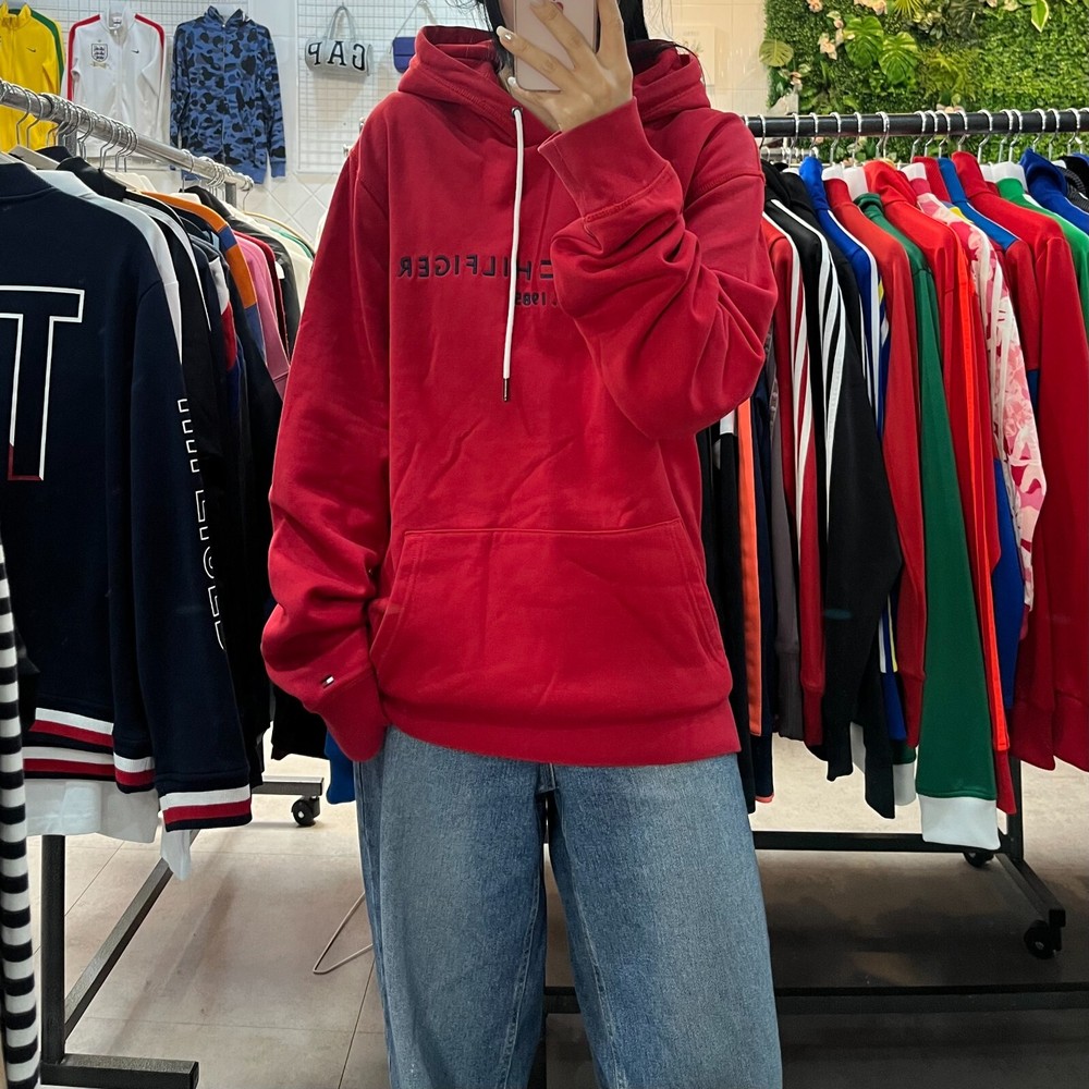 Tommy Hilfiger Red Embroidered Logo Hoodie for Men and Women