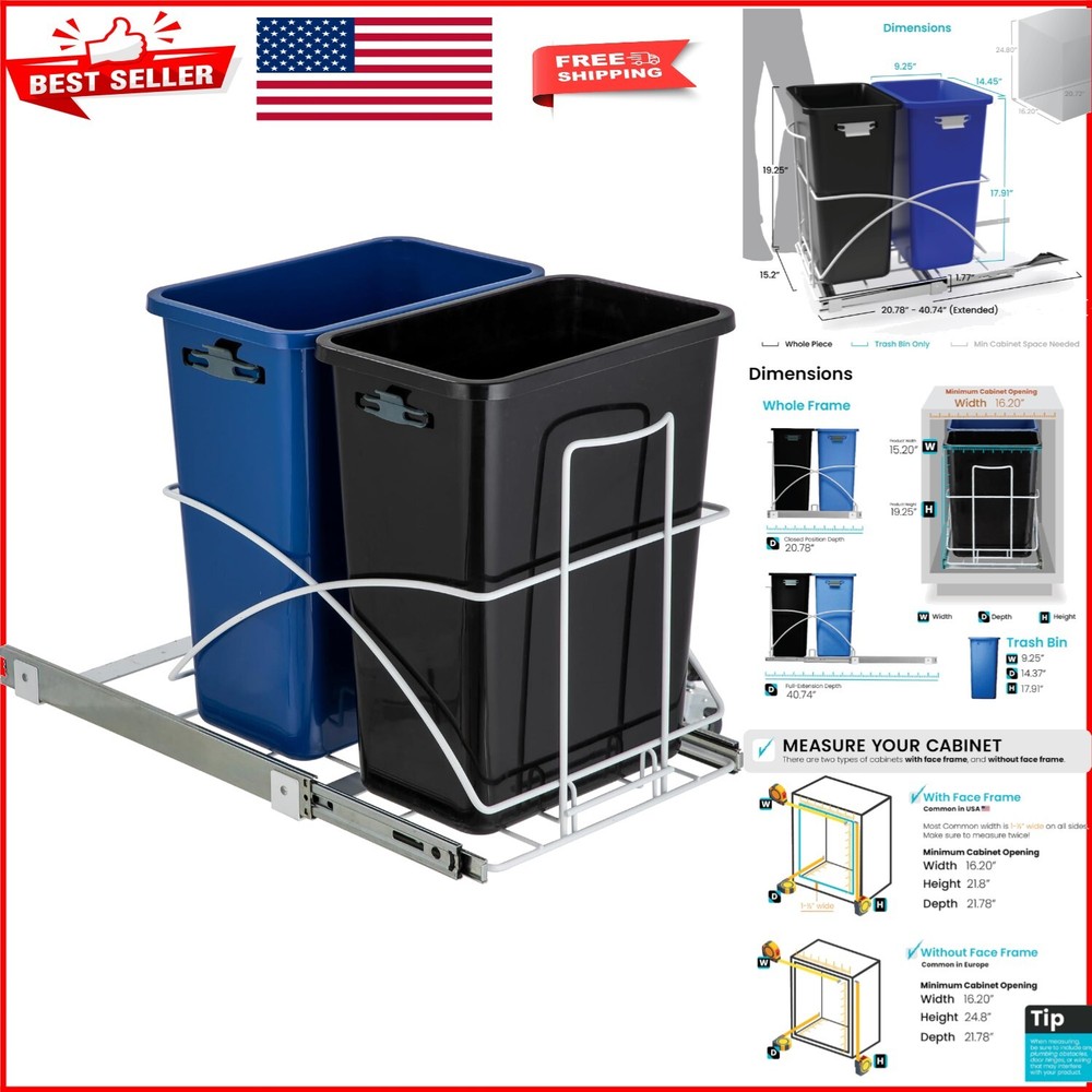 Dual Compartment 15 Gallon Pull-Out Kitchen Trash Bin for Organized Recycling