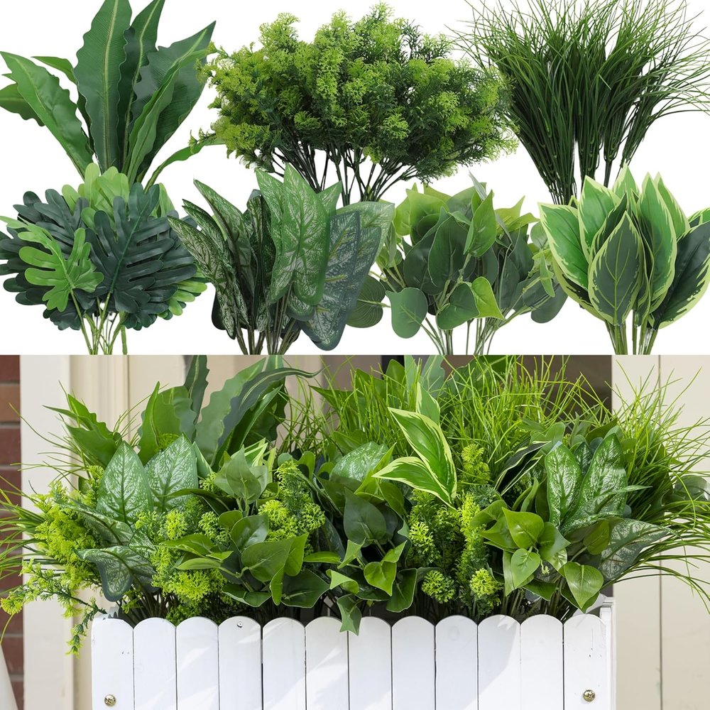 18 Bundles Artificial Plants Outdoor, Faux Bushes Plastic Fake Greenery Stems Sh