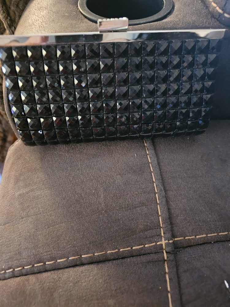 Vintage La Regale Chrome Beaded Clutch with Shoulder Strap in Black