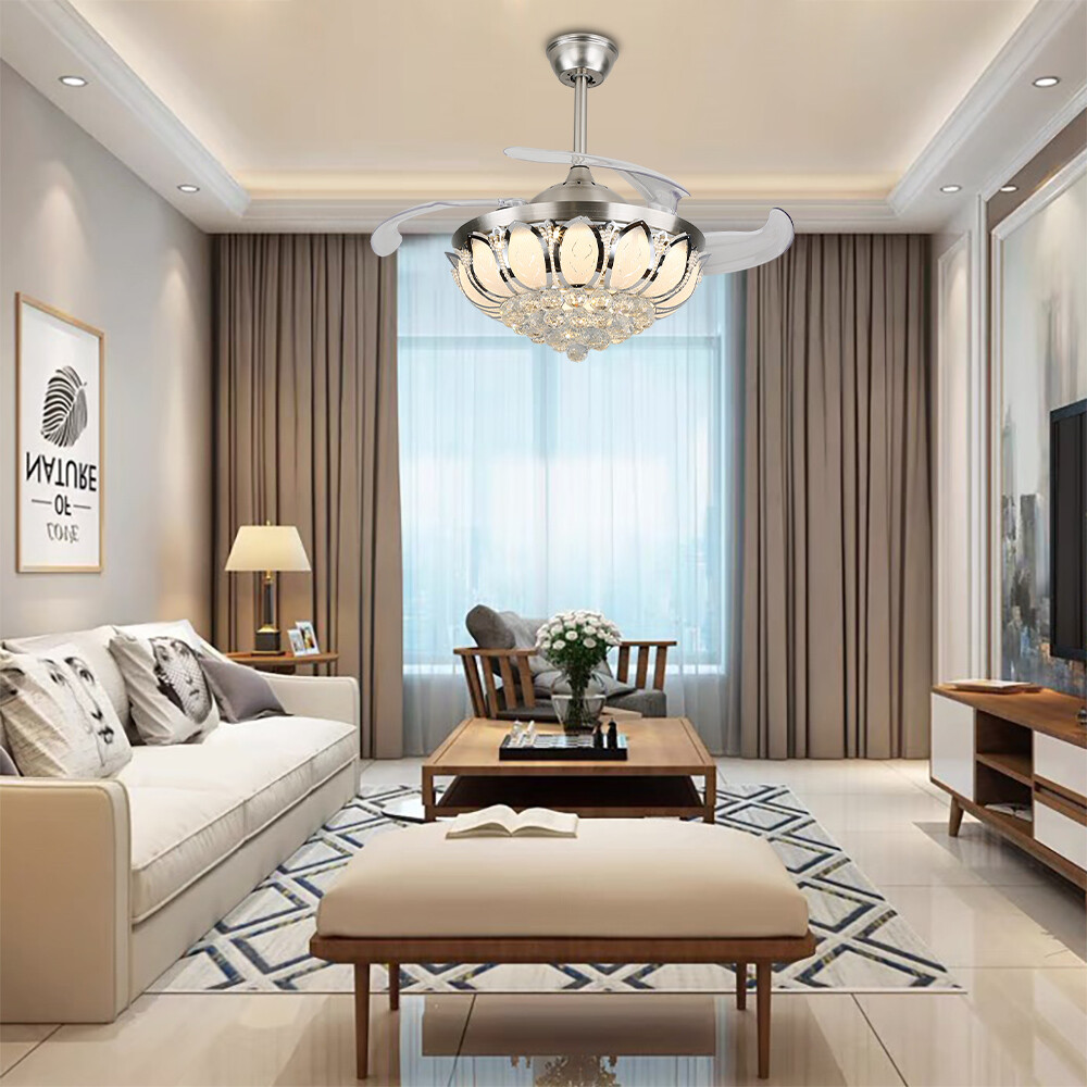 36/42 Invisible LED Ceiling Fan with Remote Crystal Chandelier Light Pendant Lamp for US Homes