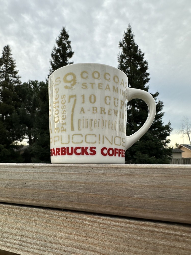 Starbucks 2008 Holiday Coffee Mug 14 oz Red White Gold Christmas Design