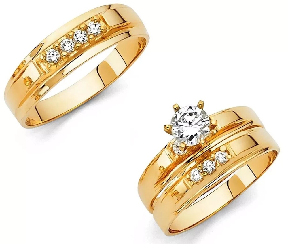 14k Yellow Gold Plated 2Ct Lab Created Diamond His & Hers Wedding Trio Ring Set