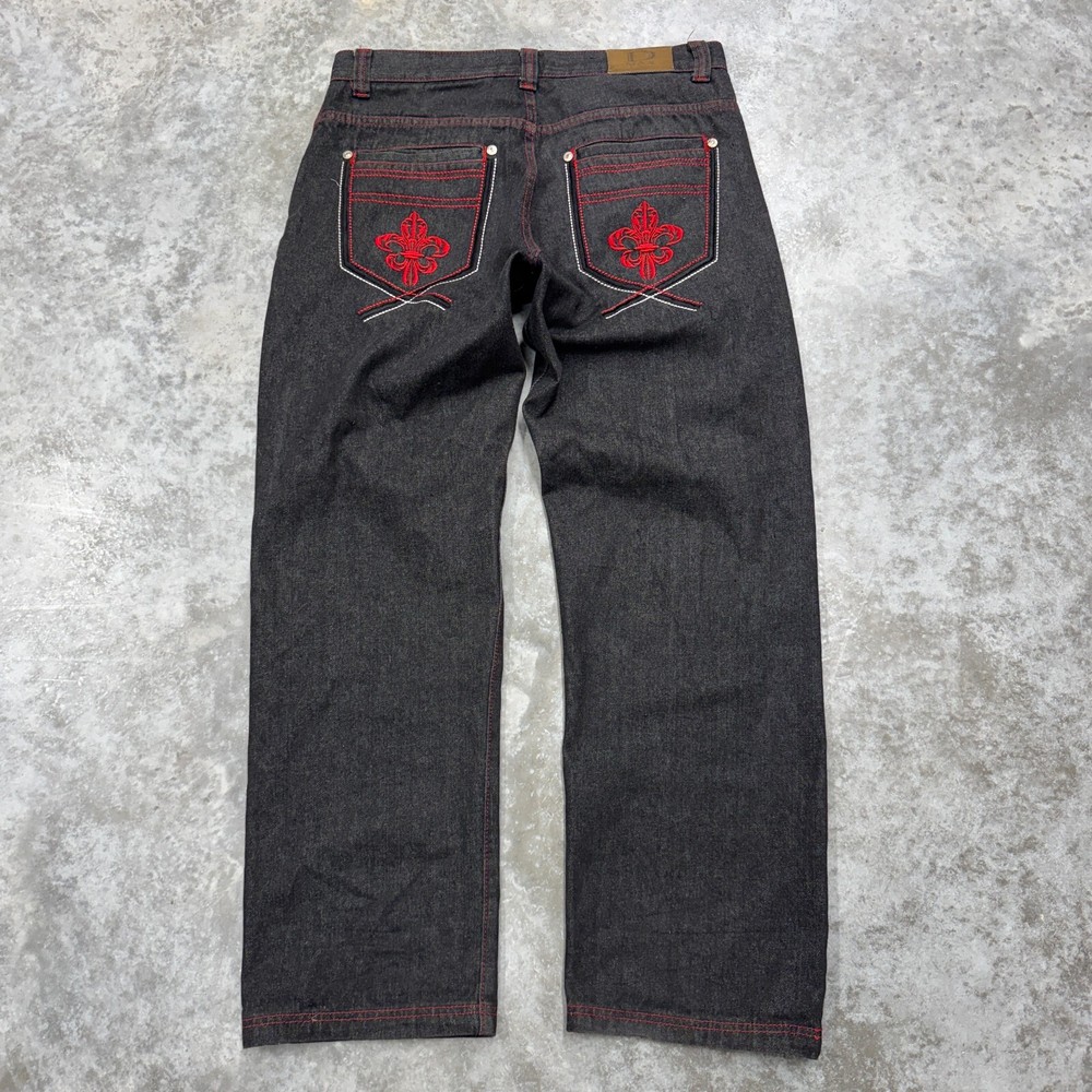 Y2K Dmax Baggy Skater Jeans mens 36x33 Embroidered Wide Leg Black red grunge vtg