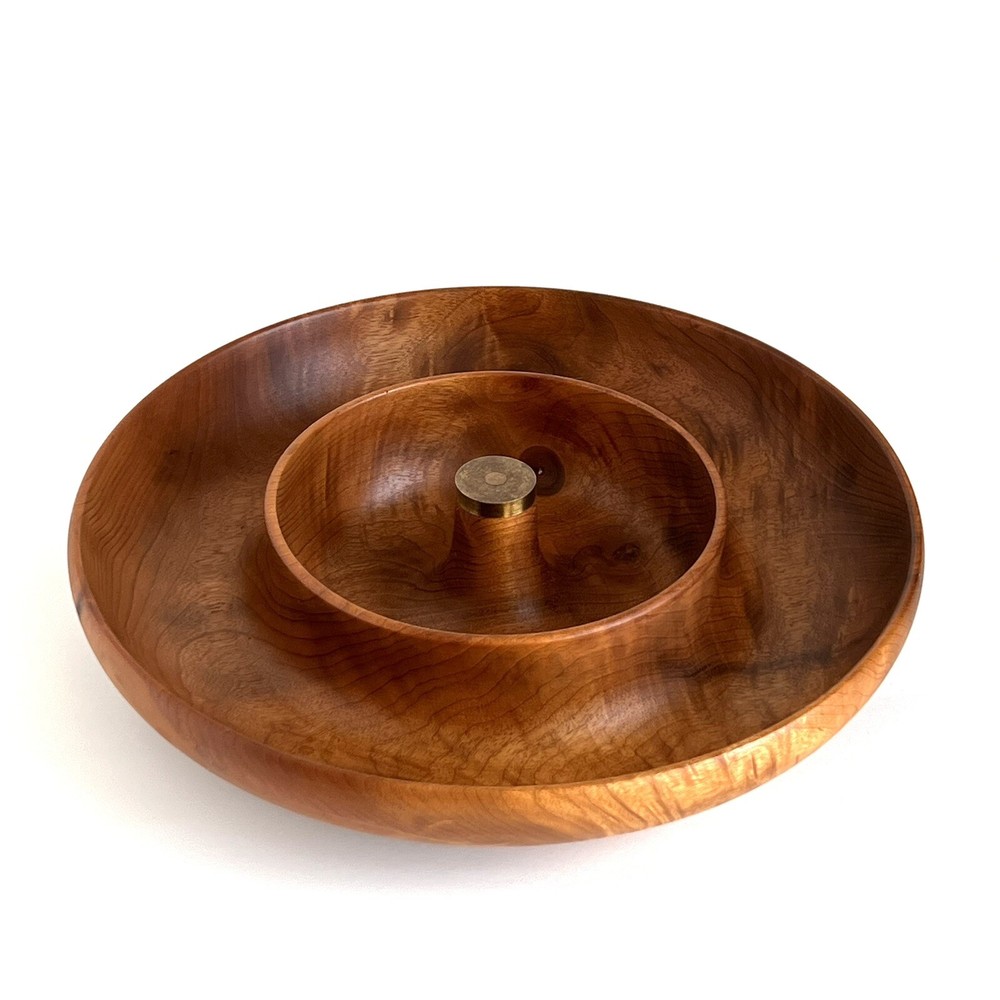 Wooden & Brass Double Bowl Vintage Mid Century Chip Cracker Snack Nut Bowl 12