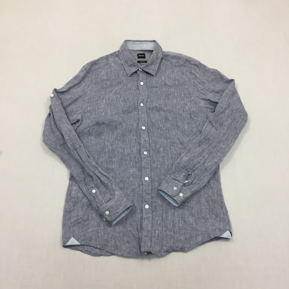 Hugo Boss 100% Linen Shirt Mens Medium Button Up Long Sleeve Grey (M)