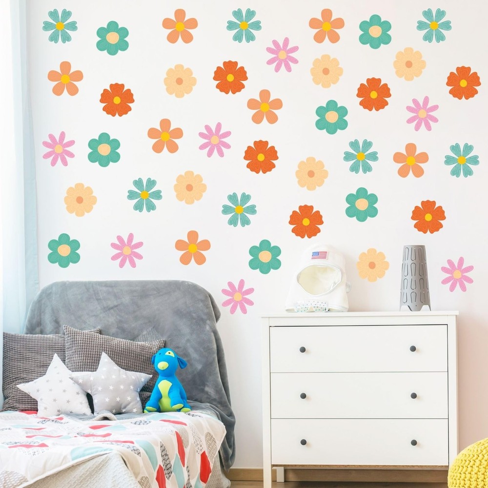 Colorful Daisy Wall Decals 8 Sheets Boho Floral Wall Stickers for Girls Room,...