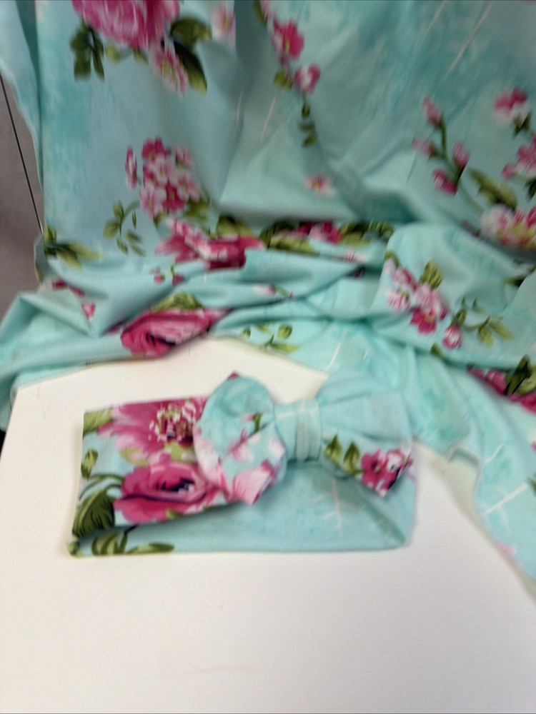 Turquoise Pink Floral Baby Swaddle Blanket with Matching Headband NEW