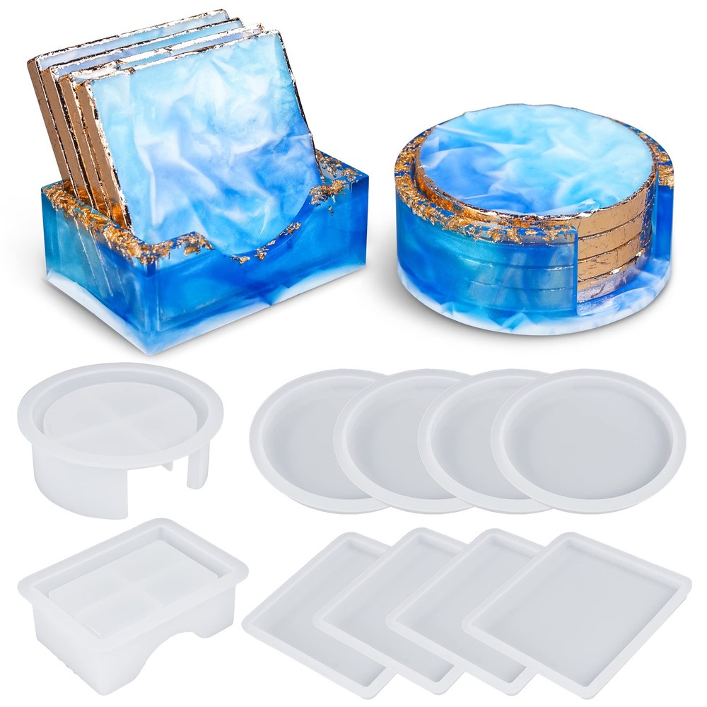 Coaster Resin Molds, Upgraded 10pcs Epoxy Molds Holder Kit with 5 Plastic Dro...