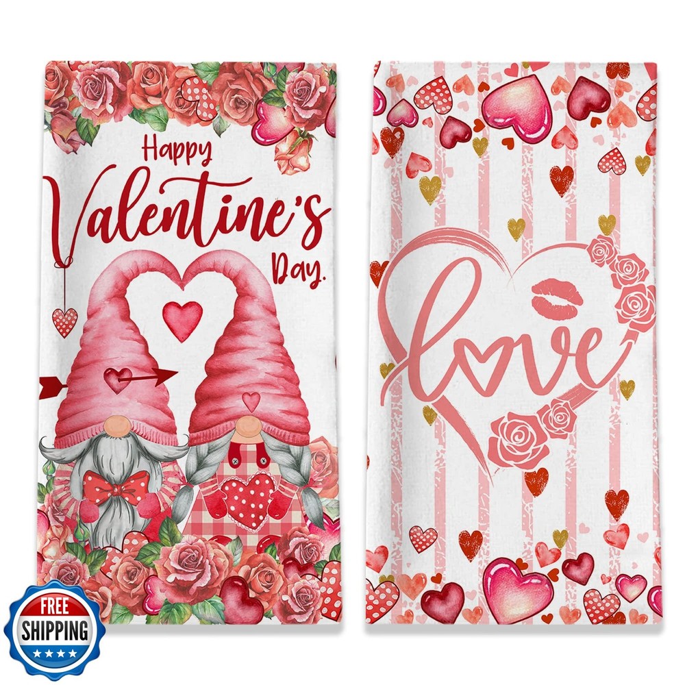 Valentines Day Kitchen Towel Set of 2 with Gnomes and Hearts