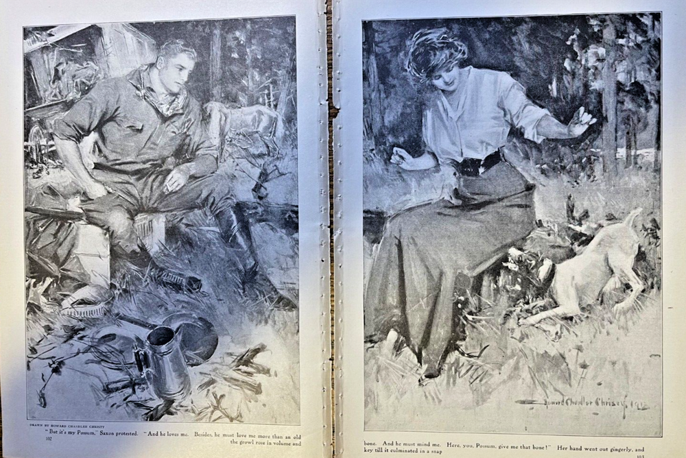 1913 Magazine Illustration Man Woman Dog in Wild by Howard Chandler Christy