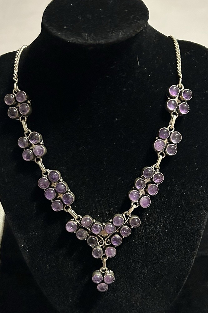Vintage Sterling Silver Amethyst Bezel Cabuchon Bib Necklace 18”, 36.5 G