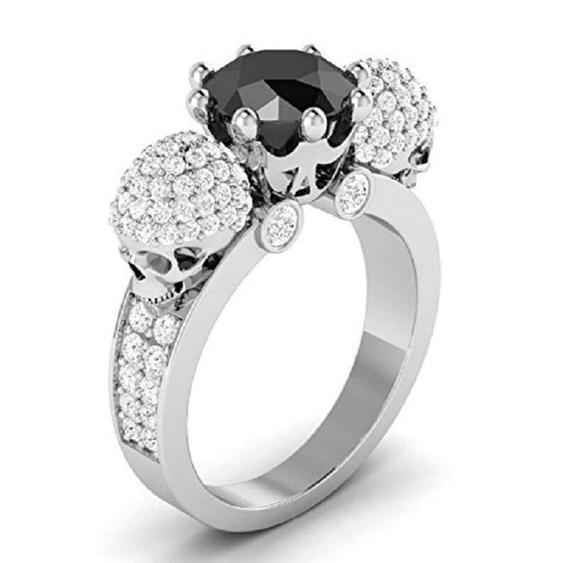 2.80 Ct Round Cut Simulated Diamond 14k White Gold Plated 2 Skull Halloween Ring