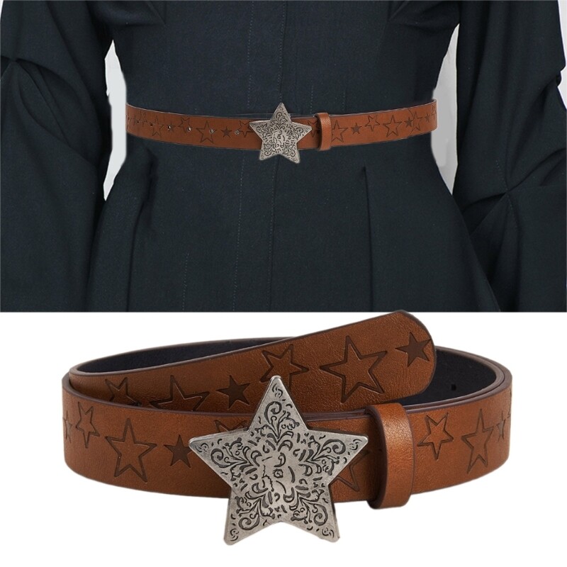 Cowboy Star Pattern Buckle Belt Woman Faux Leather Engraved Waist Belt for Jeans