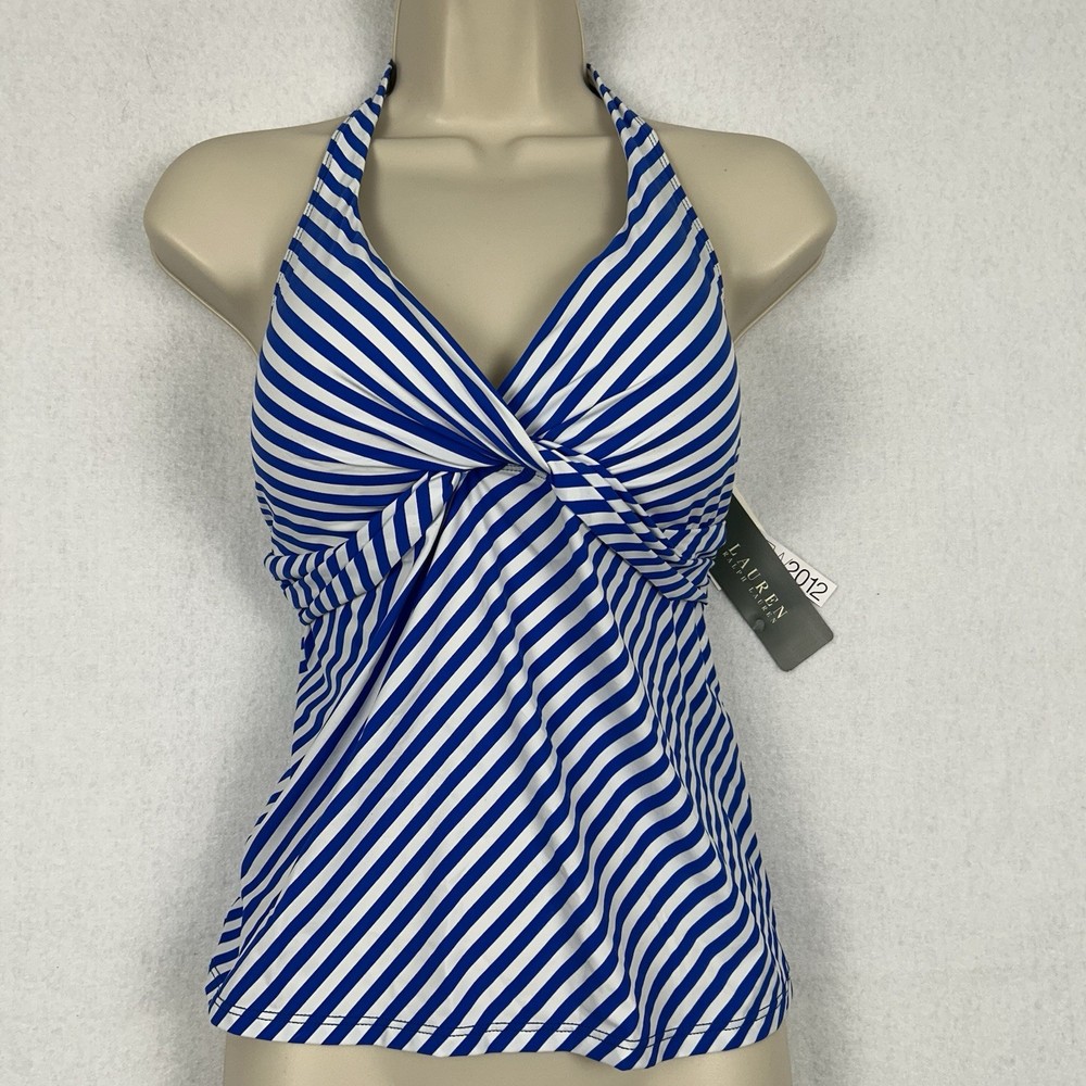 Ralph Lauren Swimsuit Tankini Top Sz 14 Blue White Stripe Nautical Halter Twist