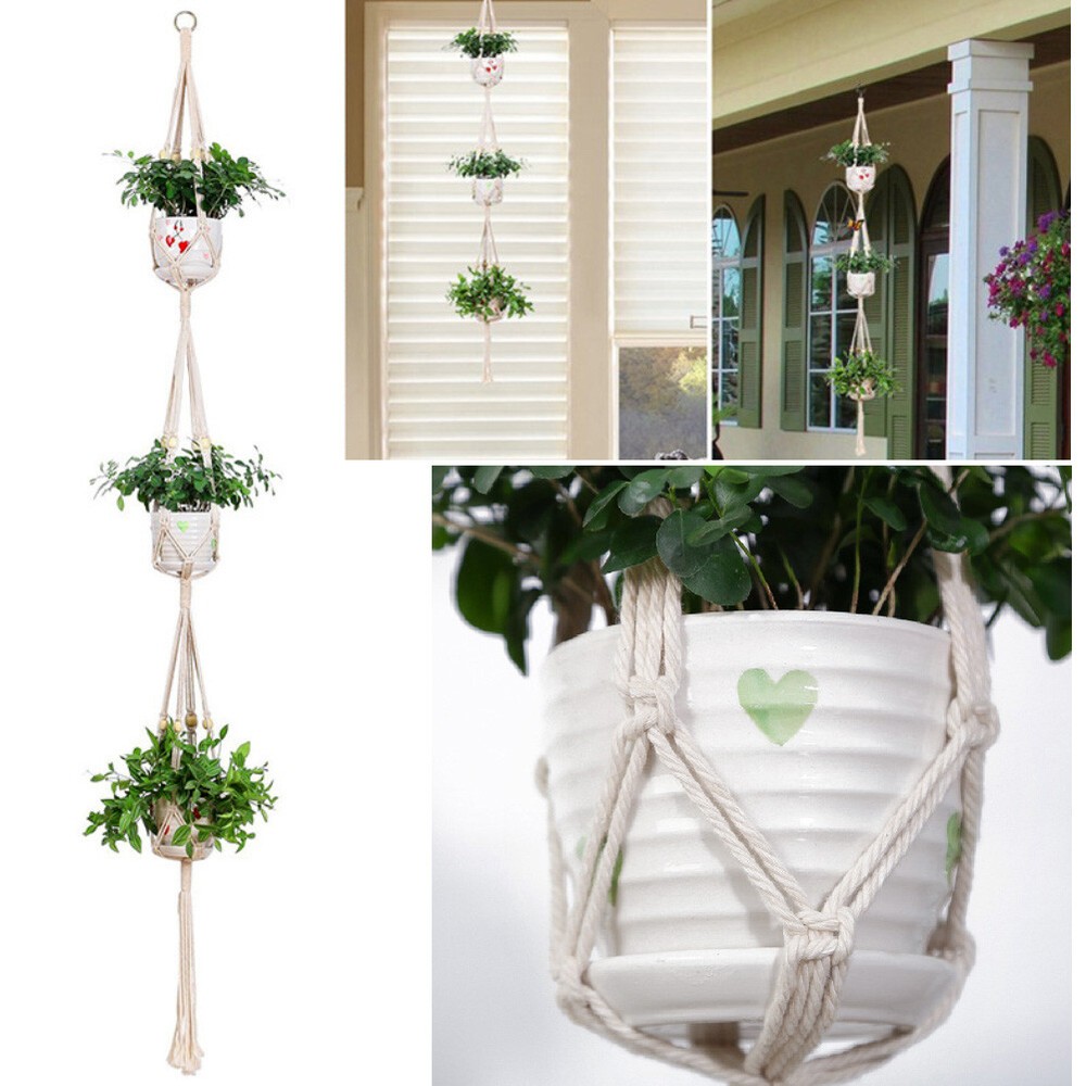 3 Layers Hand Woven Plants Flowers Pot Hanging Basket Holder Net Garden Decor