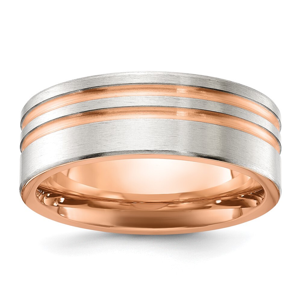 Titanium Brushed and Polished Rose IP-plated Stripes 8mm Band Ring Size 8