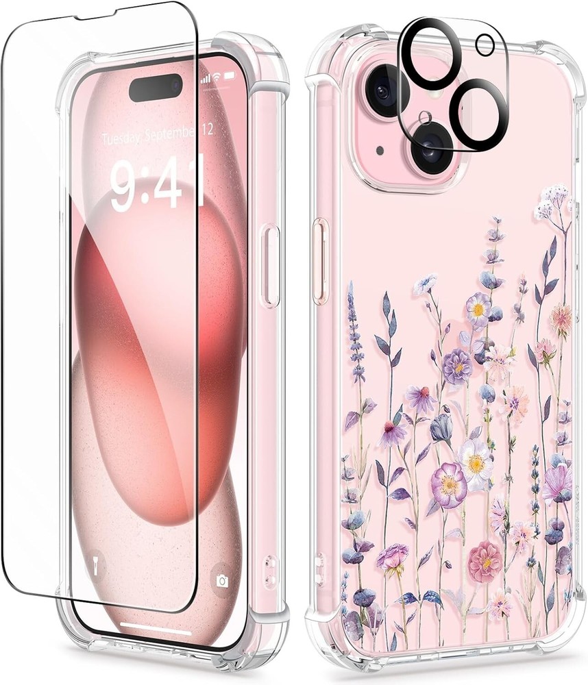 For iPhone 15 5G Case With Camera Lens Protector and Soft Shockproof Phone Cover
