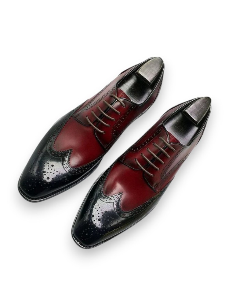 New Handmade Burgundy & Black Wingtip Leather Oxford Dress Office  Shoes For Men