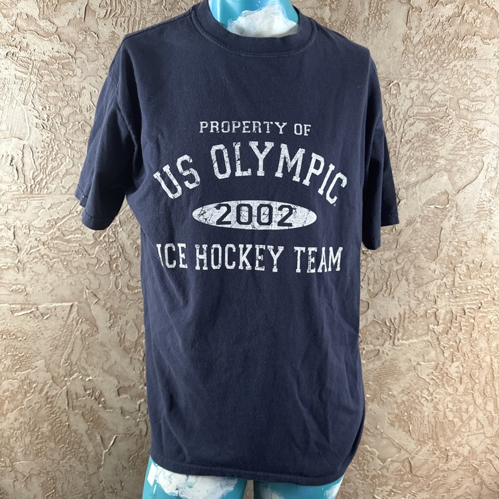 Vintage 2002 US Olympic Ice Hockey Team Navy Blue T-Shirt Anvil Large USA Made