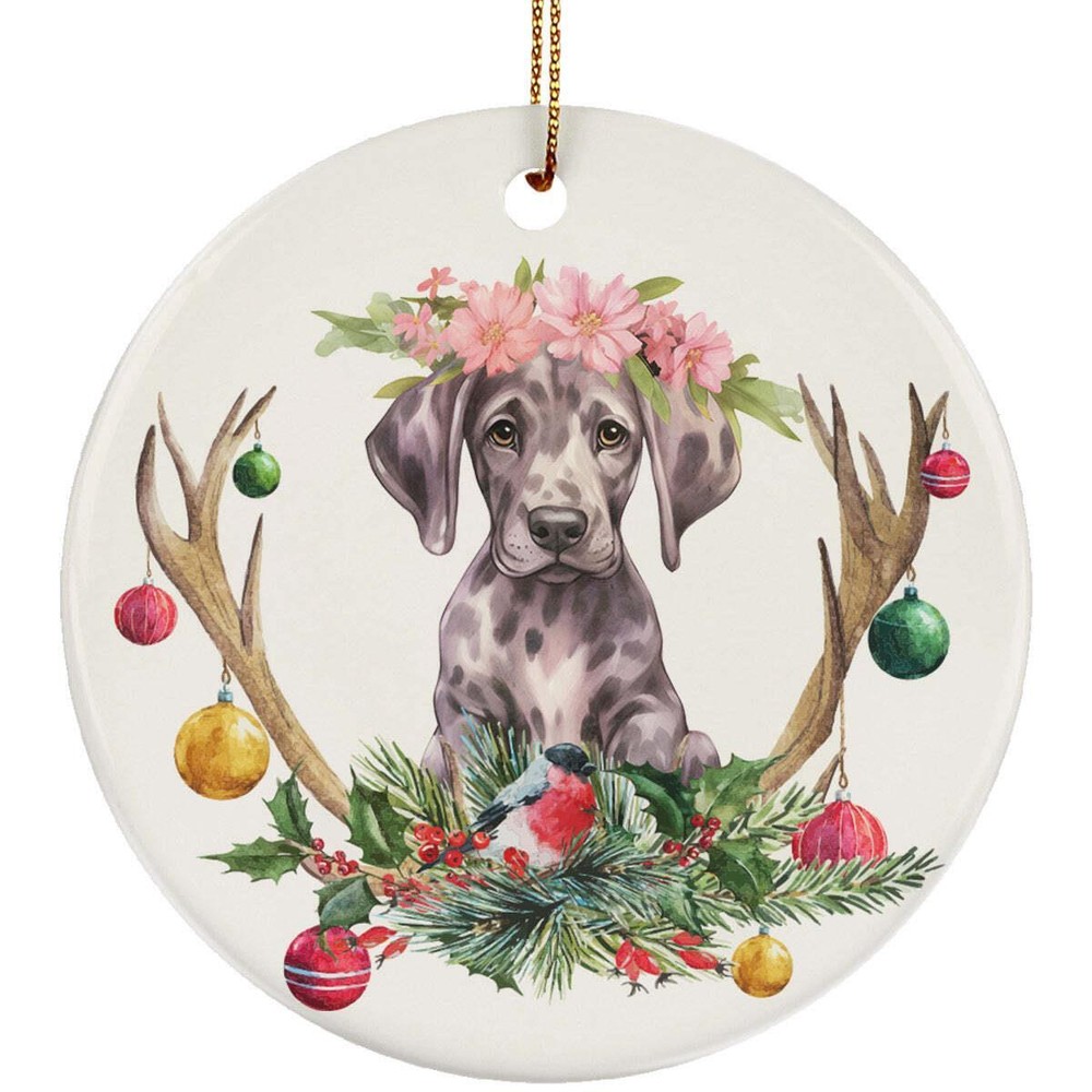 Great Dane Puppy Dog Deer Anlters Christmas 2024 Ornament Ceramic Gift Decor