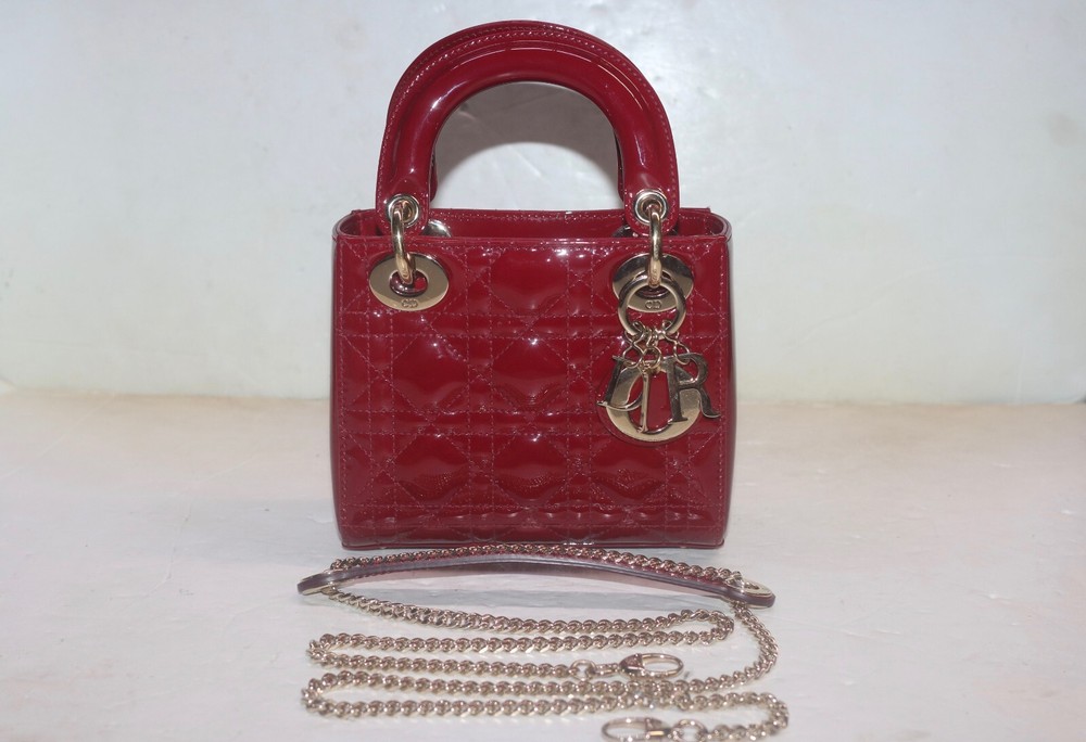 Dior Mini Lady Dior Patent Cannage Bag in Cherry Red Retail $5500
