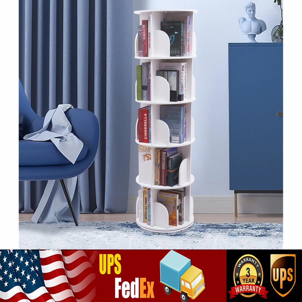 360° Rotating 5 Tiers Bookshelf Bookcase Storage Shelf Freestanding Display Rack