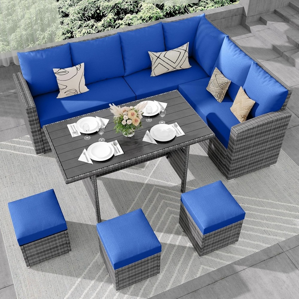 7pcs Patio Furniture Set Outdoor Wicker Conversation w/ Table Rattan Patio Chair