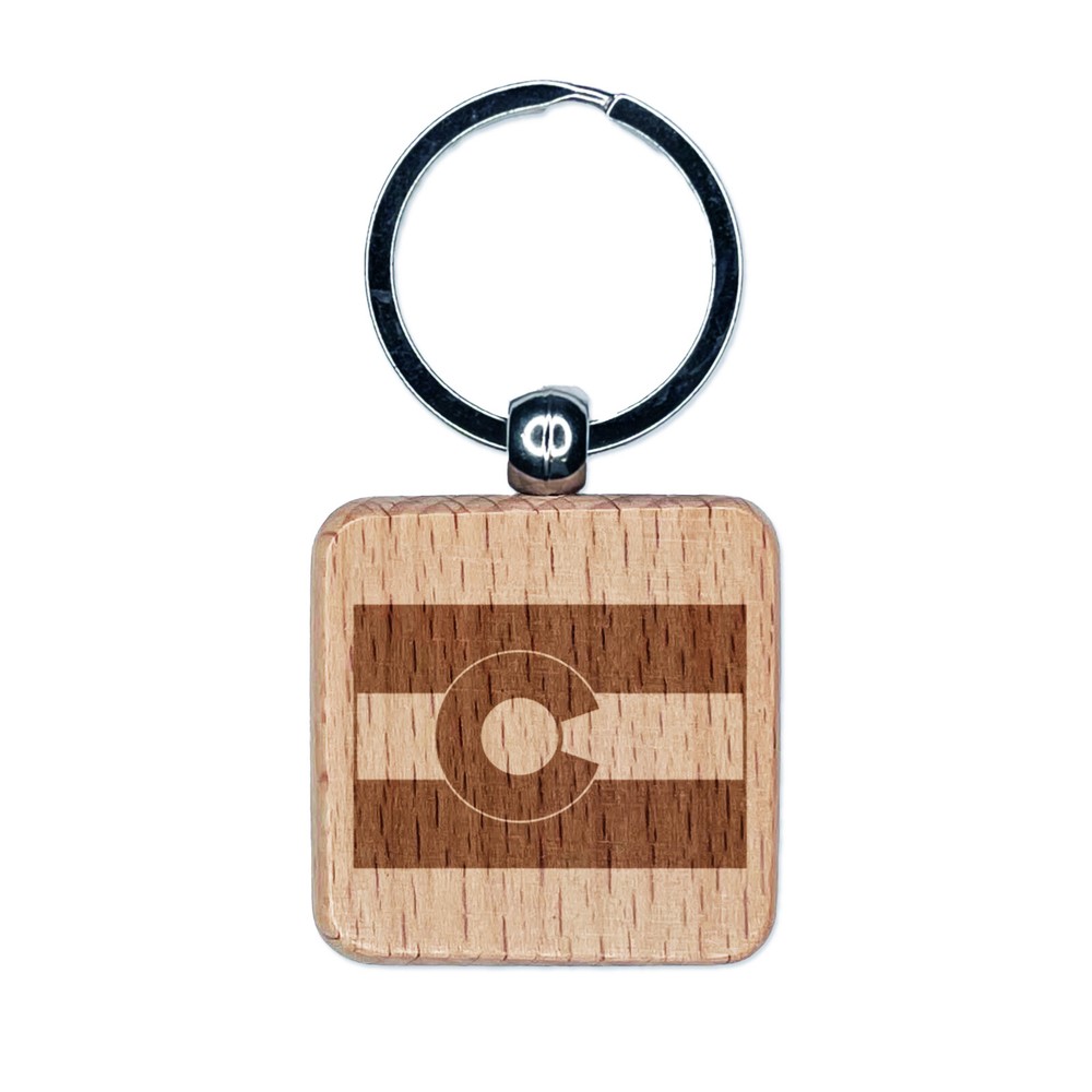 Colorado State Flag Engraved Wood Square Keychain Tag Charm