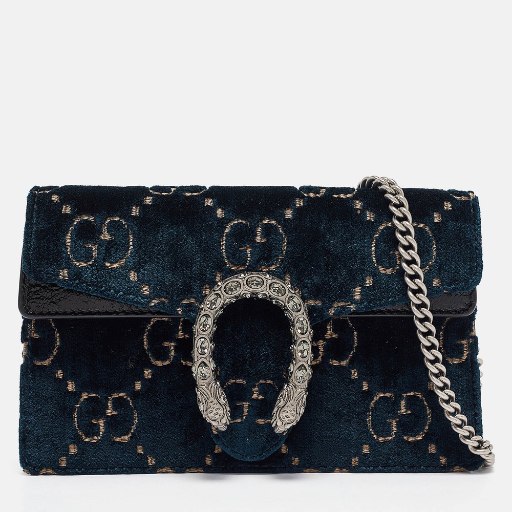 Gucci Dark Blue GG Velvet and Patent Leather Super Mini Dionysus Shoulder Bag