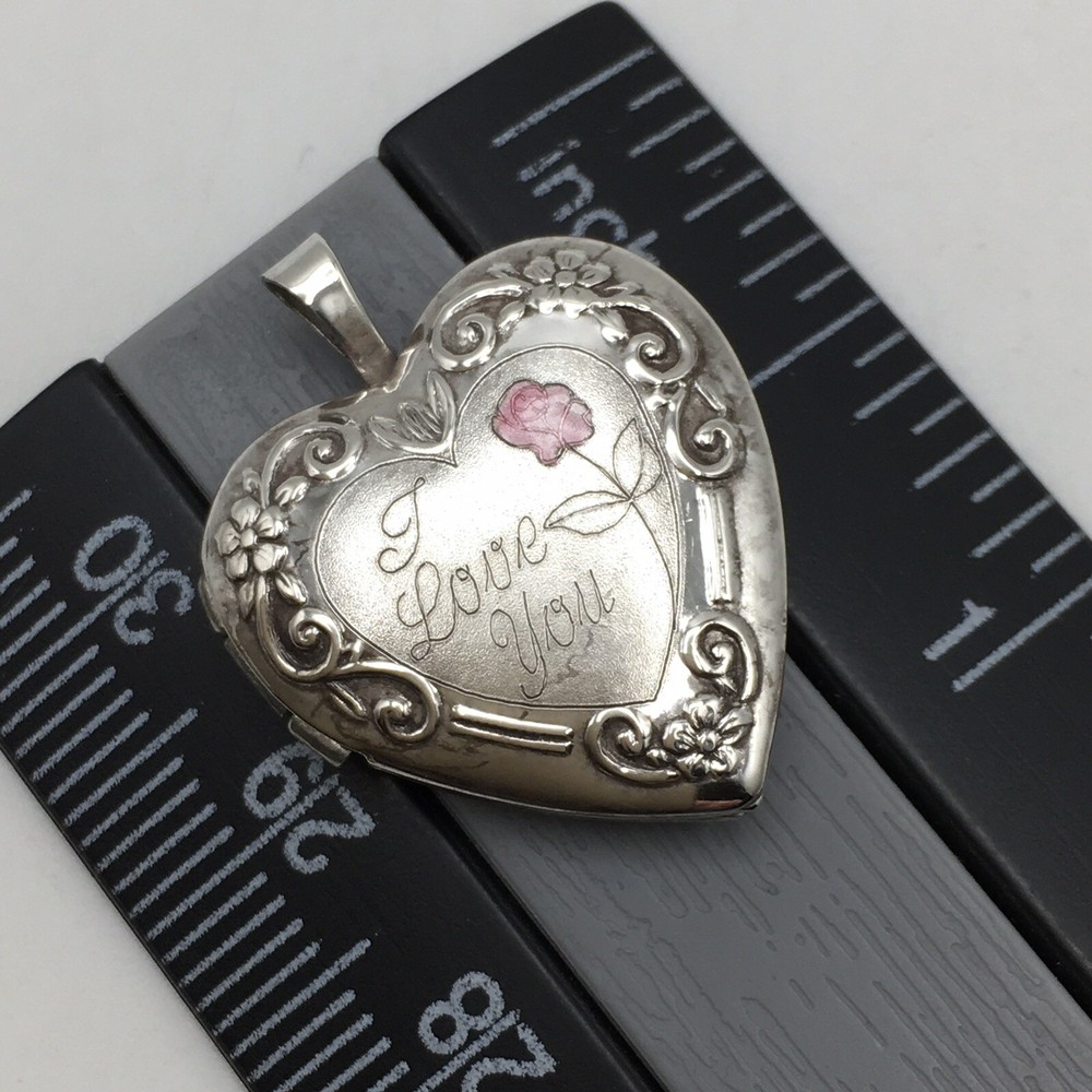 925 Sterling Silver Vintage I Love You Rose Heart Locket Pendant #27