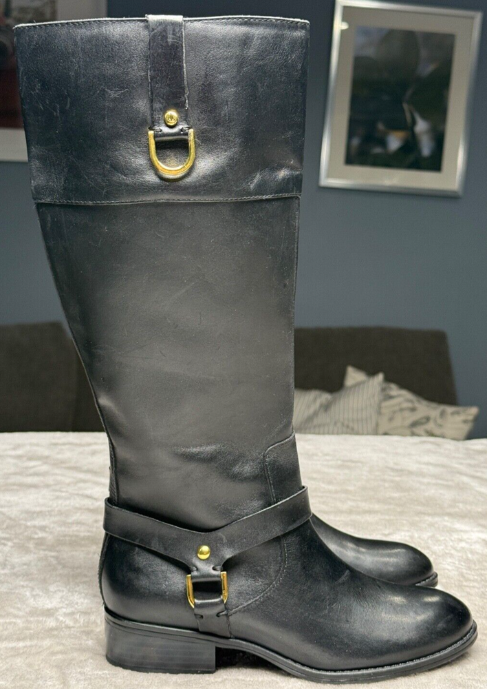 Ralph Lauren Mesa Black Leather Riding Gold Tall Equestrian Boots Womens Size 5