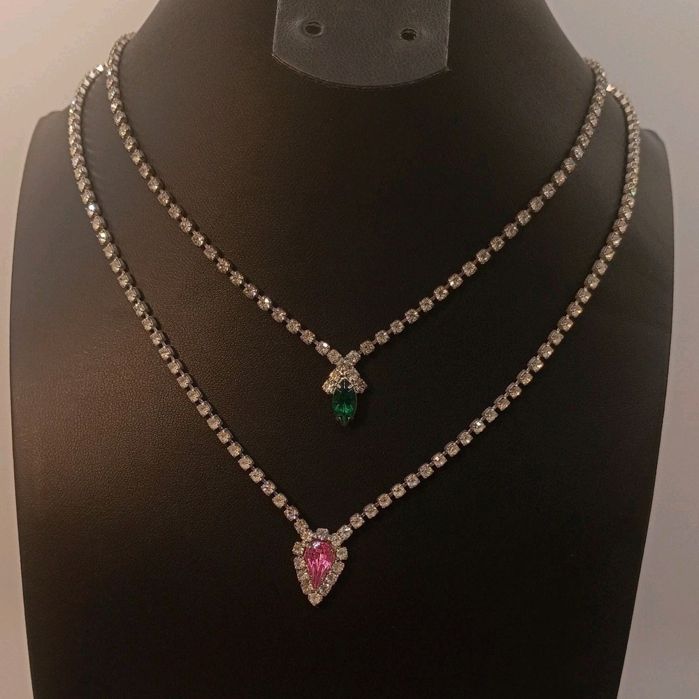 Vintage Rhinestone Necklace Lot Silver Tone Green Pink Bridal Prom Spring Summer