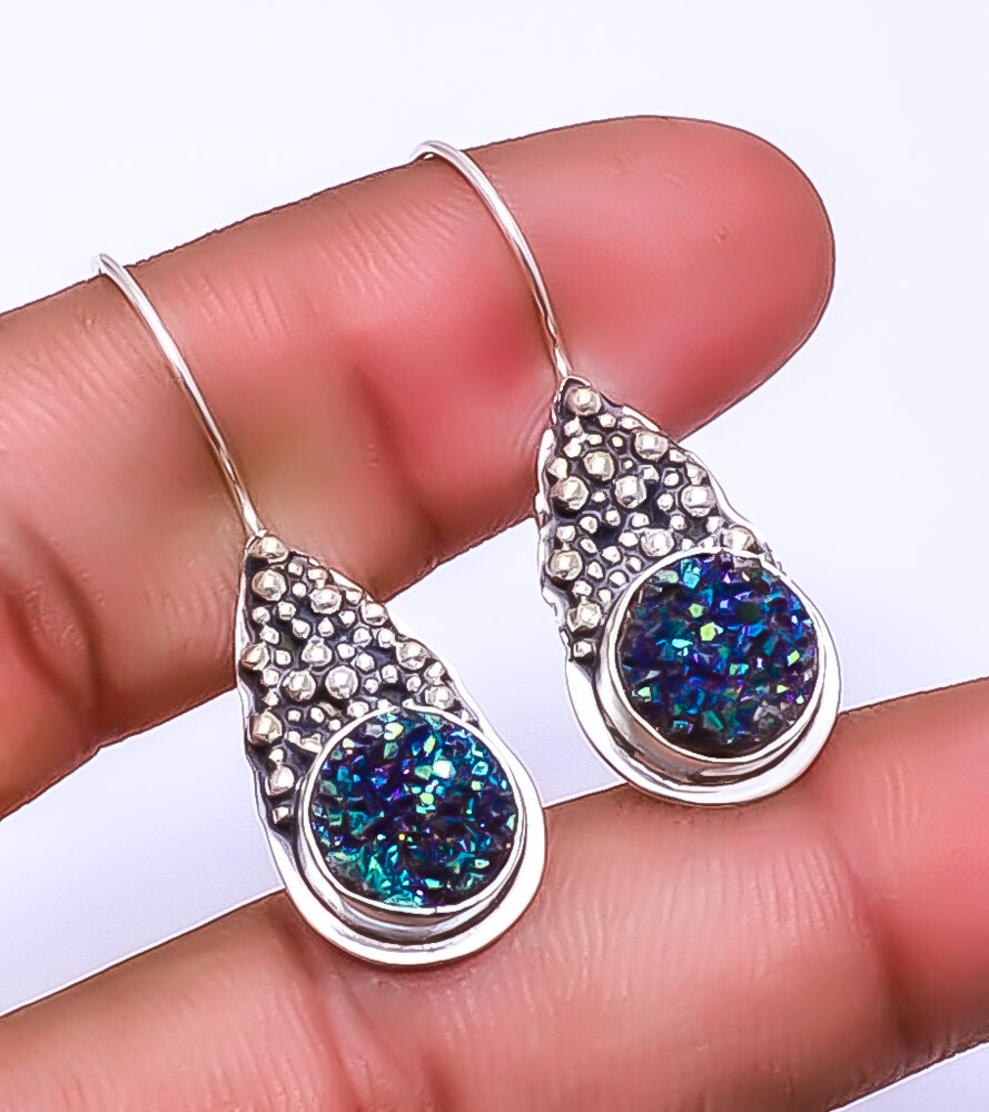 Electric Blue Titanium Agate Drusy Handmade 925 Sterling Silver Earring 1.56