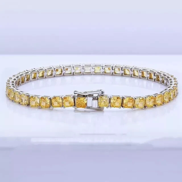 10Ct Cushion Lab-Created Citrine 14K White Gold Plated Tennis Bracelet 4MM 7 Inch