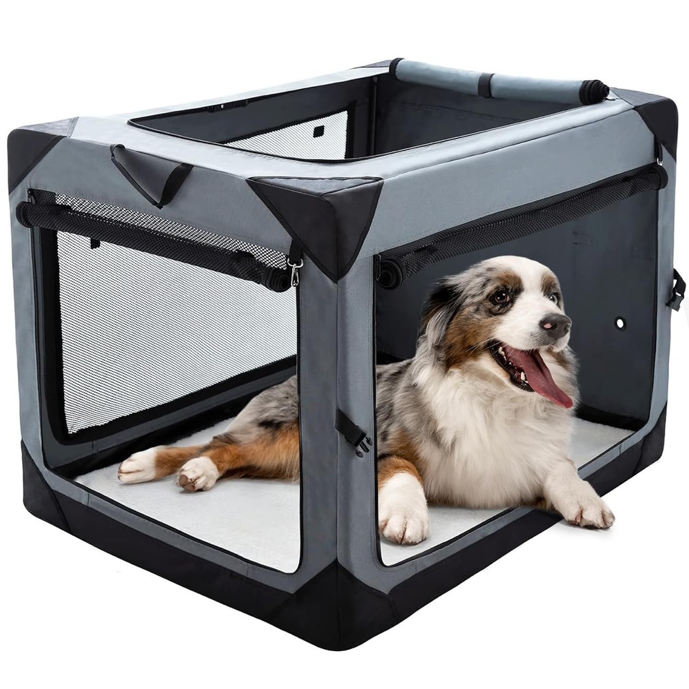 36 Inch Collapsible Crate for Large Dogs, 4-Door Foldable Soft Kennel with Ch...