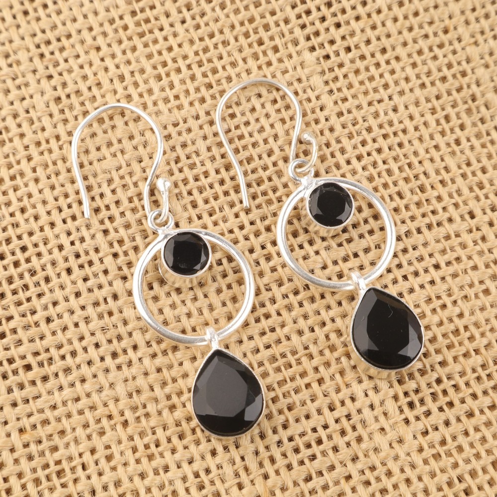 925 Sterling Silver Root Chakra Black Onyx Stone Art Deco Dangle Drop Earrings