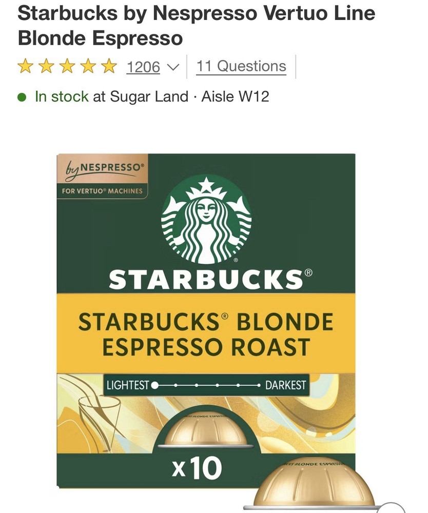 Starbucks Blonde Espresso Roast Coffee Nespresso Vertuo 10 Capsules 2.39 oz