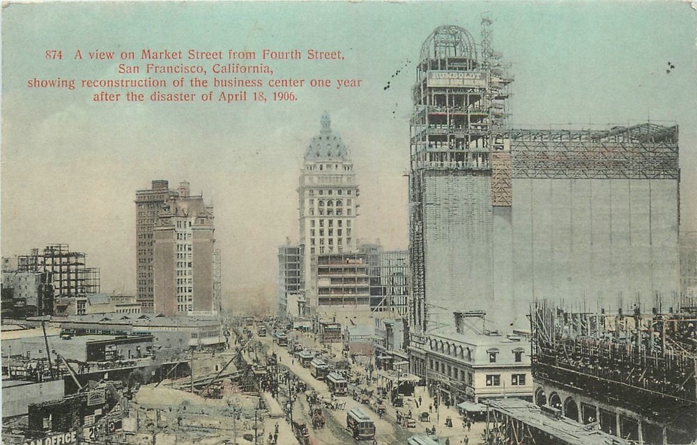 1908 San Francisco California Market Street 4th Trolleys Postcard 25-9301