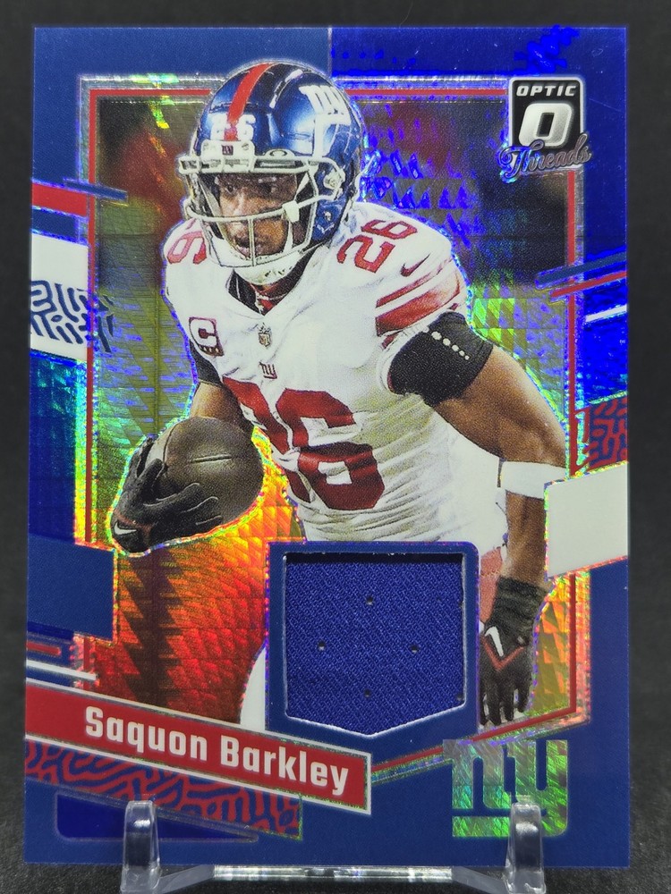 SAQUON BARKLEY 2023 DONRUSS OPTIC THREADS JERSEY PATCH BLUE HYPER PRIZM