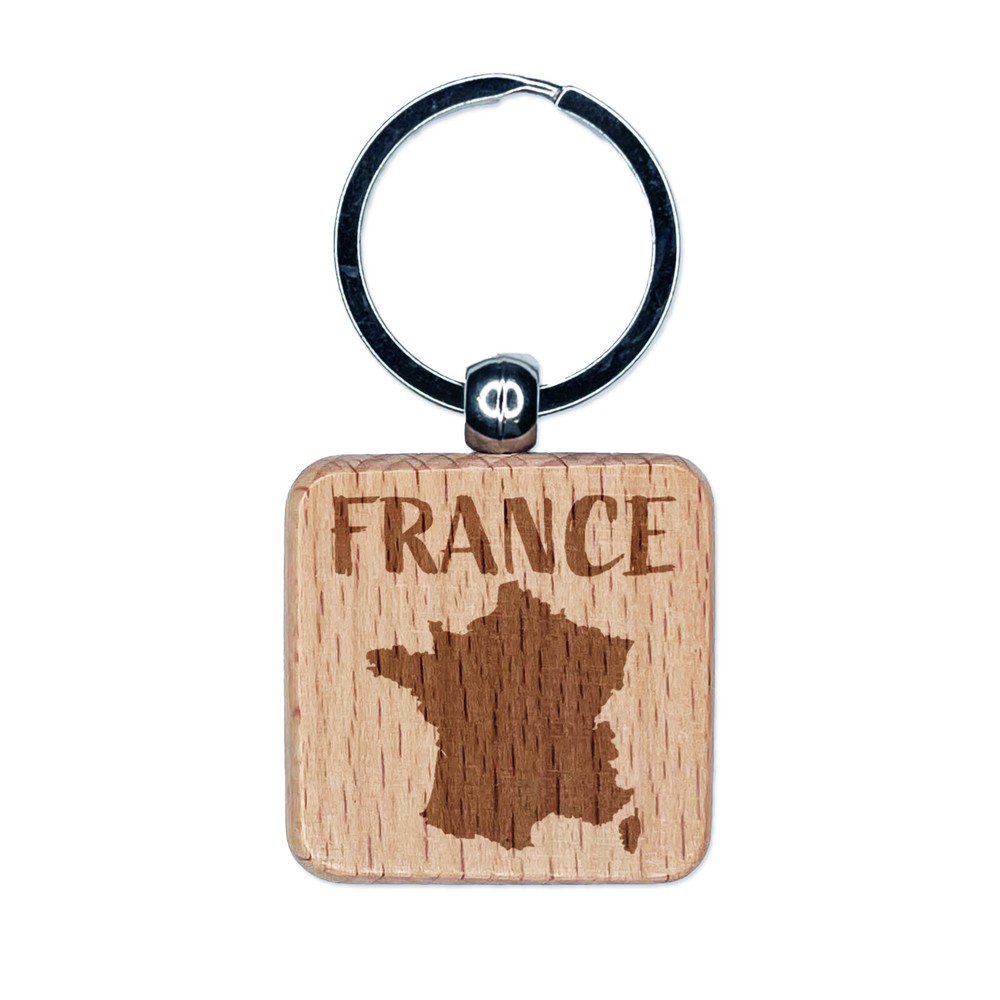 France Country Solid with Text Engraved Wood Square Keychain Tag Charm