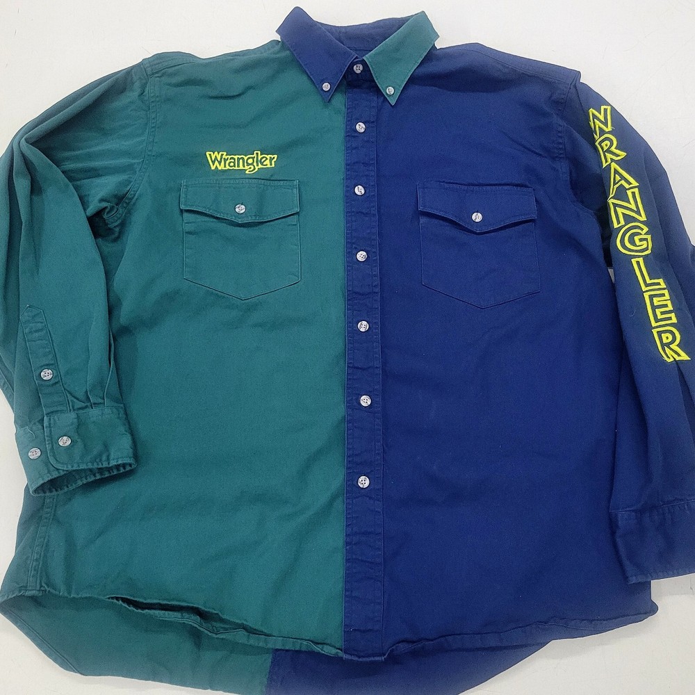 Vintage Wrangler Shirt Men Canvas Embroidery Sleeve Rodeo Western Split Color XL