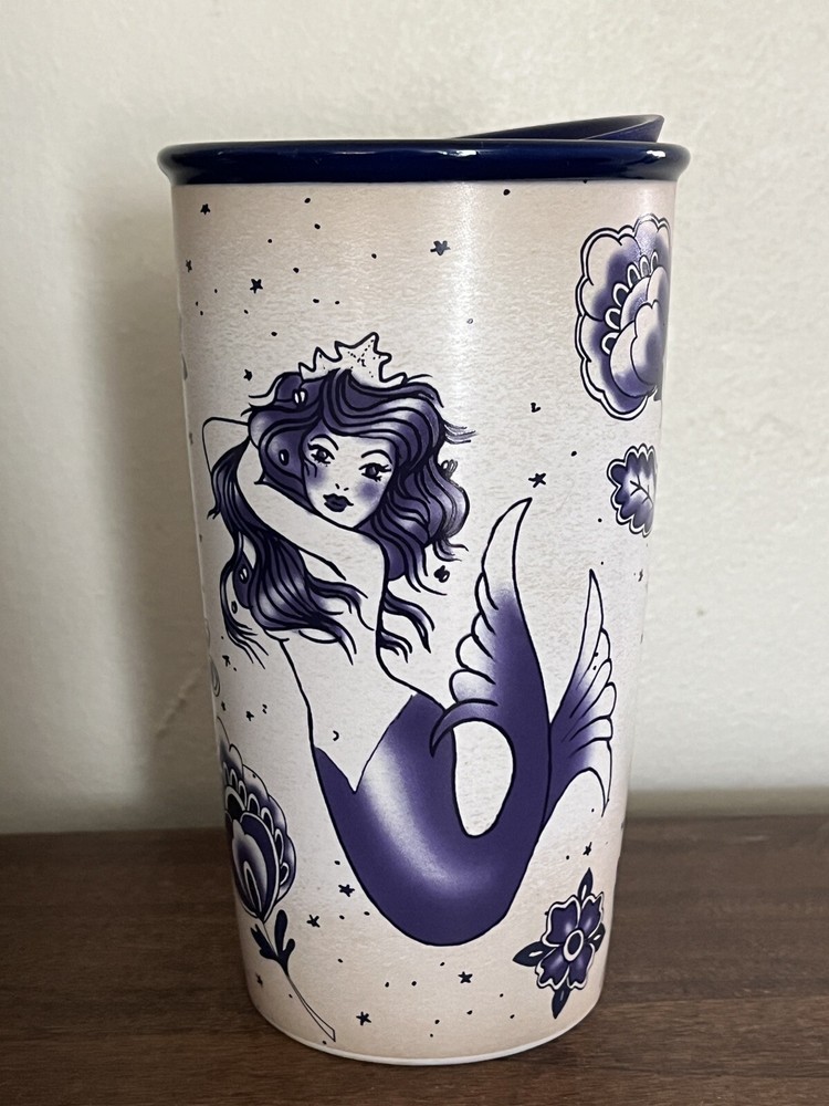 Starbucks 2016 Sailor Blue Mermaid Siren Tattoo Ceramic 12oz Travel Tumbler  New