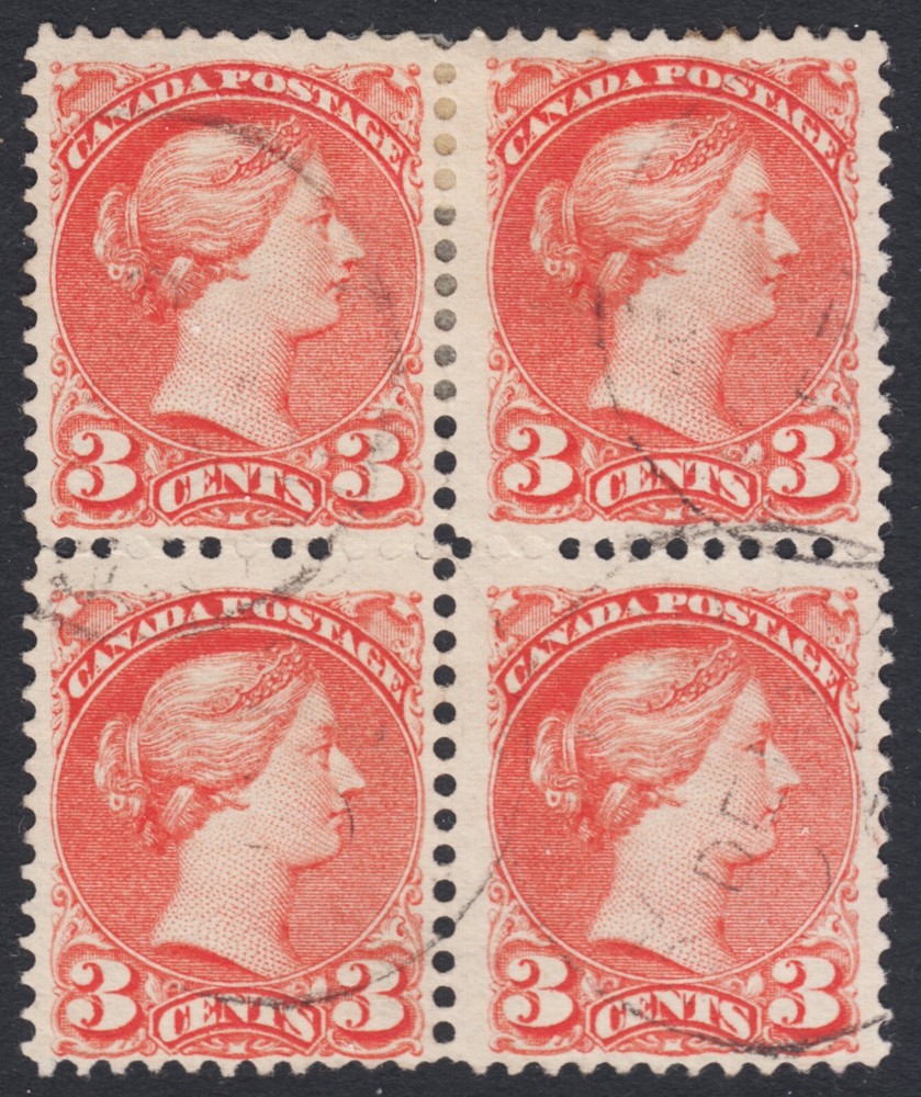 CANADA 41 Used 3c vermilion Small Queen BLOCK OF 4 CDS