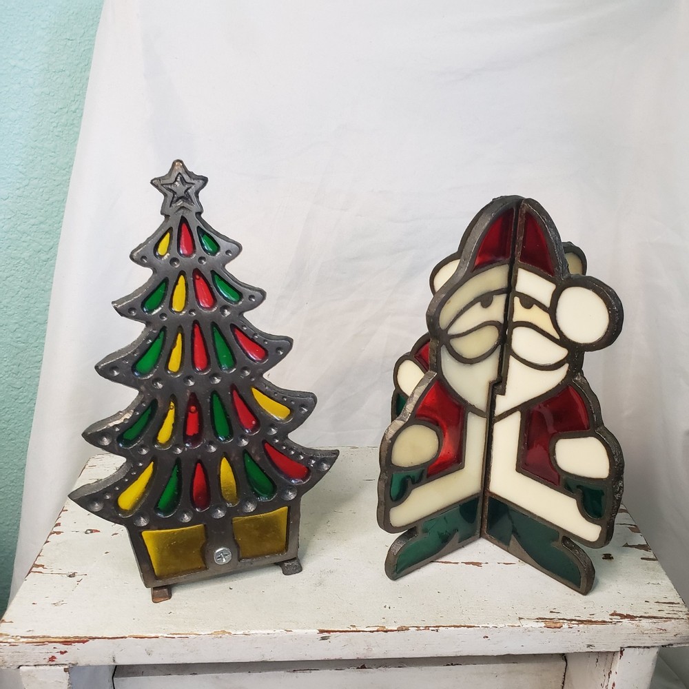 Vintage Cast Iron Stained Glass Santa Claus & Tealight Christmas Tree Holder