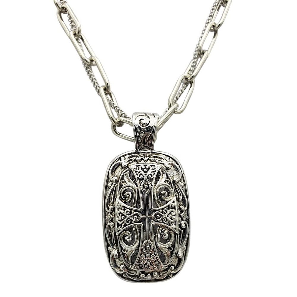 Vintage Silver Textured Cross Pendant on Interwind Chain for Women