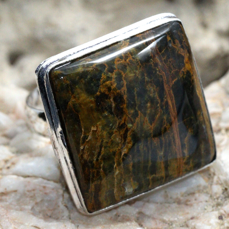 925 Silver Plated Golden Pietersite Ethnic Ring Jewelry Size US 6.5 JW