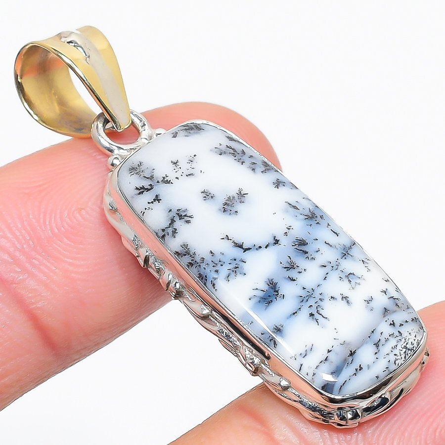 Natural Dendrite Opal Gemstone 925 Solid Sterling Silver Gift Pendant 1.75